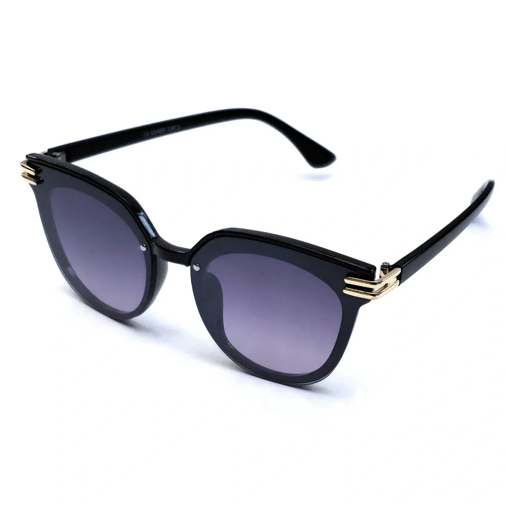 Womens Square Sunglasses Black Frame Dark Lens Gold Metal Accent NWT